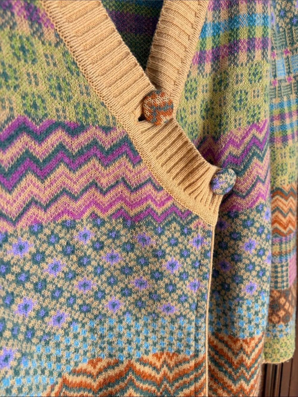 IVKO Extrafine Lambswool Patchwork Cardigan Wrap Sweater Boho MultiColor M Flaws